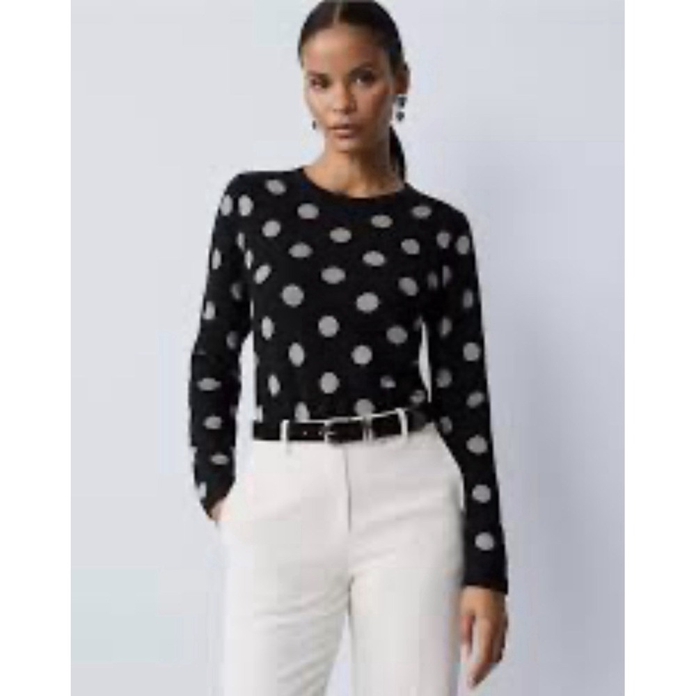 Ann Taylor Women's Black Dotted Essential Crew Neck Sweater Silver Metal Size XS